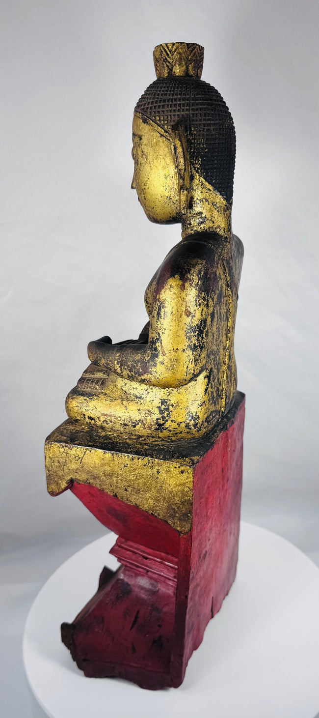 Hand-carved Burmese Buddha with original lacquer, gilding, and handwritten dedicatory inscription.