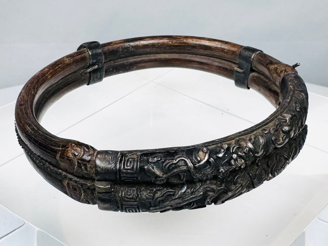 Antique Chinese bangle formed from parallel bamboo sections and metal fittings
