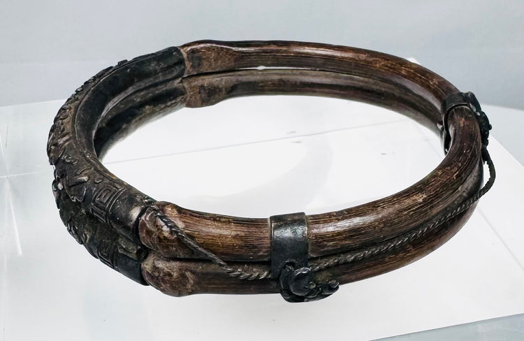 Qing Dynasty Chinese bamboo bracelet with hand-assembled silver-colored mounts