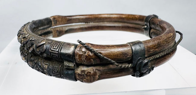 Chinese double-ring bamboo bangle with silver-alloy bindings and decorative mounts