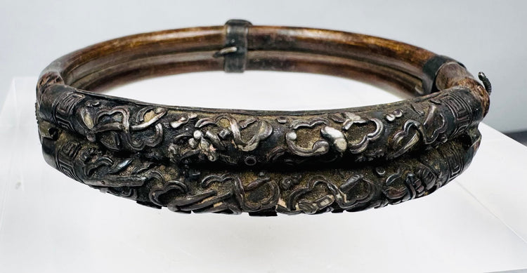 Qing Dynasty double-bamboo bangle with ornate silver-colored metal mounts