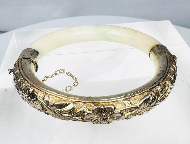 Chinese export-market bracelet combining polished hardstone with repoussé silverwork