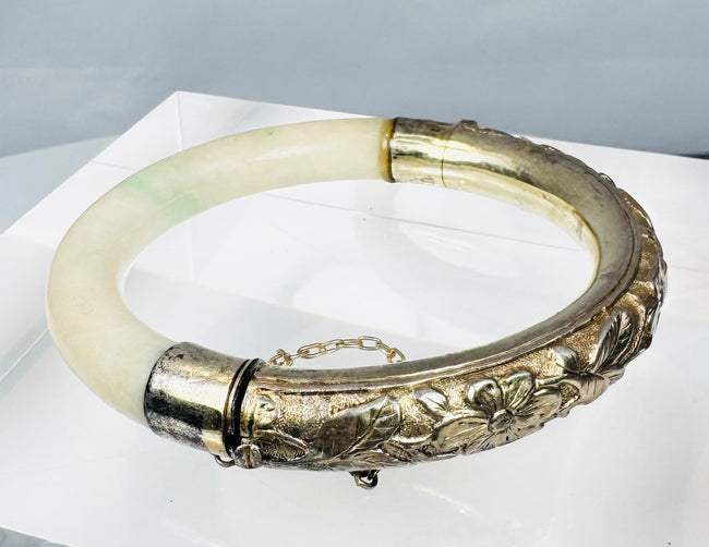 Antique Chinese hardstone bracelet with scrolling foliage and floral silver ornament