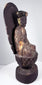 Carved lotus throne beneath antique Chinese Guanyin with overlapping petals and remnants of historic polychrome finish