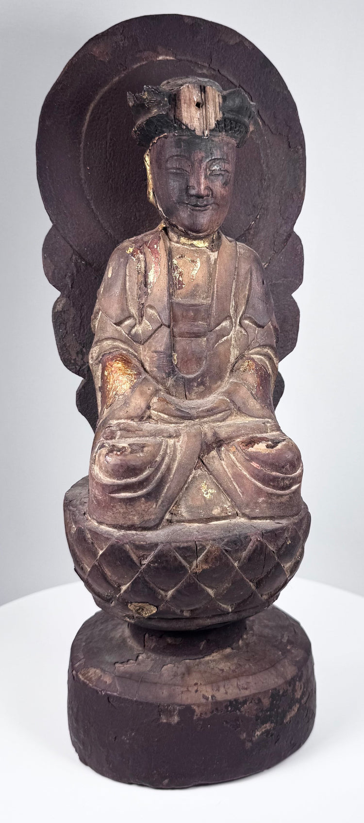 Antique mandorla and wooden construction of Chinese Guanyin showing old attachments, age cracks and later historic modification