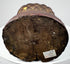 Underside of Chinese Guanyin devotional statue with old collection label, aged wood and evidence of earlier collecting history