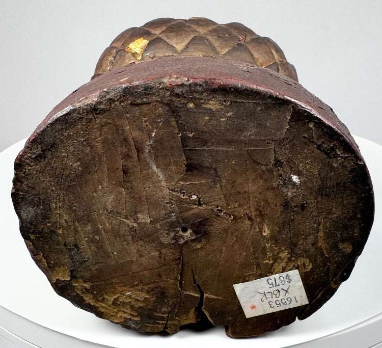 Underside of Chinese Guanyin devotional statue with old collection label, aged wood and evidence of earlier collecting history