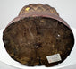 Underside of Chinese Guanyin devotional statue with old collection label, aged wood and evidence of earlier collecting history