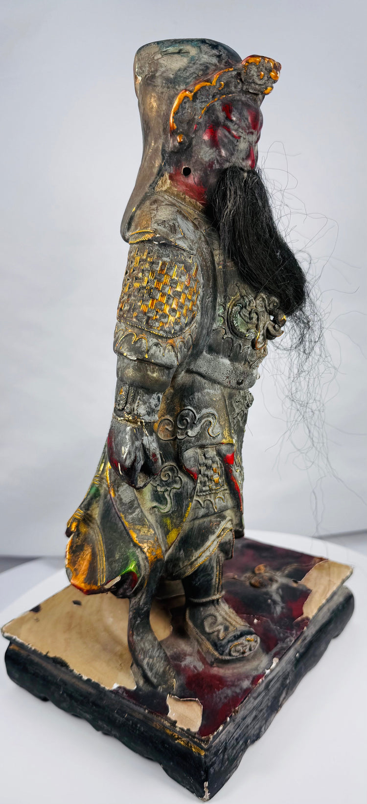 Antique Chinese carved wood warrior figure with natural-fibre or horsehair beard