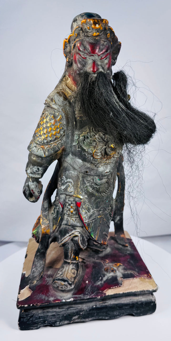 Late Qing to Republic Period wooden Guan Yu statue with applied fibre beard