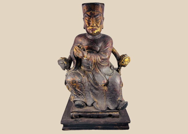 Antique Chinese Qing Dynasty carved wooden ancestor figure seated on an elaborate ceremonial throne with traces of gilt decoration