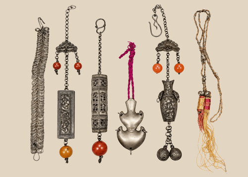 Antique Chinese chatelaine and personal ornament collection with beads, bells, amulet cases and textile tassel