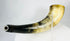 Rear view of antique powder horn with wooden base plug and iron suspension ring