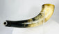 Rear view of antique powder horn with wooden base plug and iron suspension ring