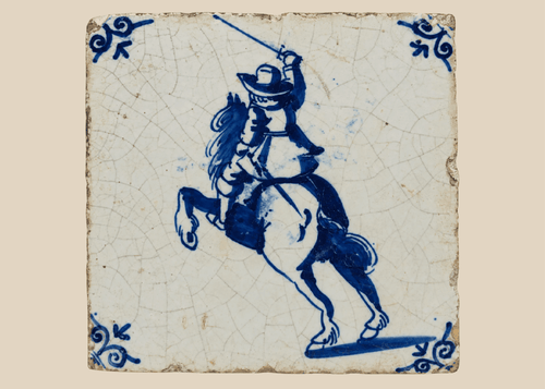 antique Dutch Delft tile with mounted swordsman on rearing horse