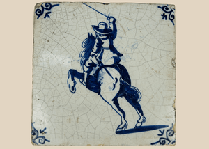 Antique Delft Blue & White Tile | Depicting Mounted Cavalry Figure with Raised Sword | Circa Late 17th – Early 18th Century