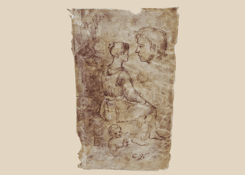 18th-century European sepia ink figure study on vellum depicting a seated female figure