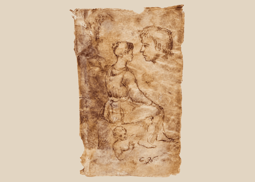 18th-century European sepia ink figure study on vellum depicting a seated female figure