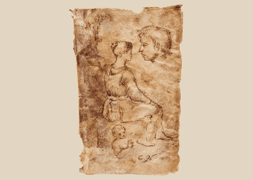 18th-century European sepia ink figure study on vellum depicting a seated female figure