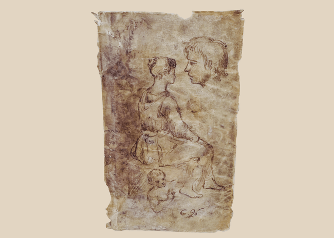 18th-century European sepia ink figure study on vellum depicting a seated female figure