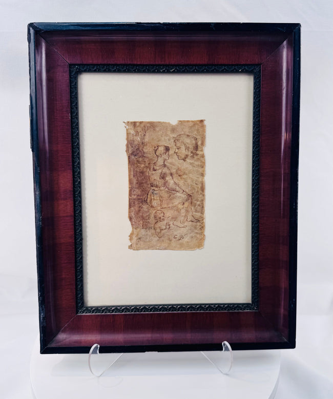 European Old Master style figure sketch executed in sepia ink on animal parchment