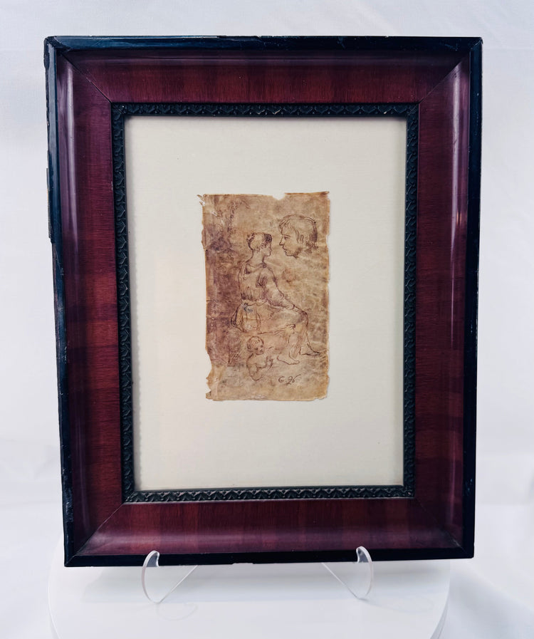 European Old Master style figure sketch executed in sepia ink on animal parchment