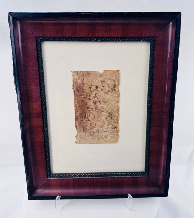 Antique sepia ink drawing showing multiple anatomical and compositional figure studies