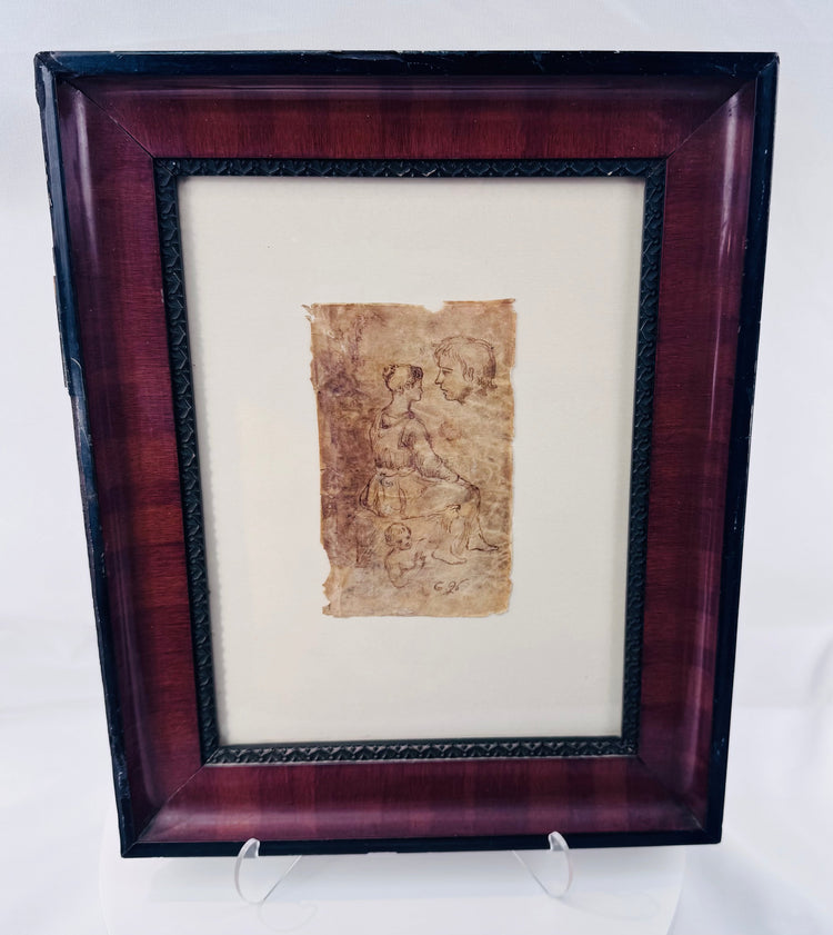 Antique sepia ink drawing showing multiple anatomical and compositional figure studies