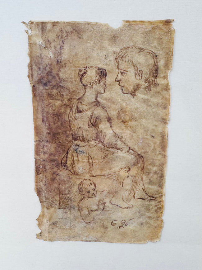 Antique European drawing on vellum featuring studies of a woman, child, and male profile