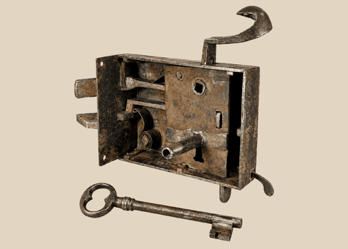 Antique iron door lock mechanism with visible internal bolts and large key