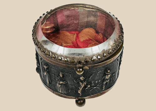 Antique French jewelry casket with beveled glass lid, circa 1870–1900