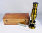 Antique scientific instrument brass drum microscope in original wooden carrying case
