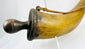 Early North American powder horn with honey-toned polished horn and old inventory label