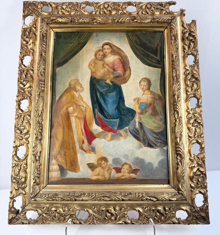Early 20th-century German Sistine Madonna reproduction after Raphael in an ornate pierced gilt Rococo Revival frame with Virgin Mary, Christ Child, saints and putti.