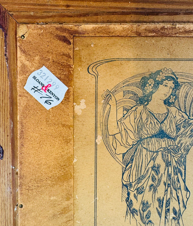 Reverse detail of antique German Sistine Madonna reproduction showing aged backing paper, blue printed trade illustration and Sloans & Kenyon auction inventory label.