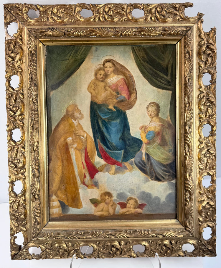 Antique Raphael Sistine Madonna oleograph with hand-finished appearance, rich colour and elaborate gilt foliate frame