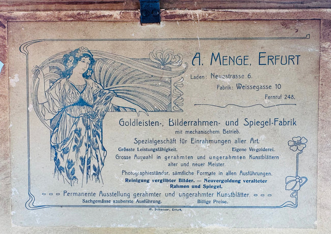 Original A. Menge of Erfurt German trade label for the antique Sistine Madonna frame, advertising gold mouldings, picture frames, mirrors and gilding services.