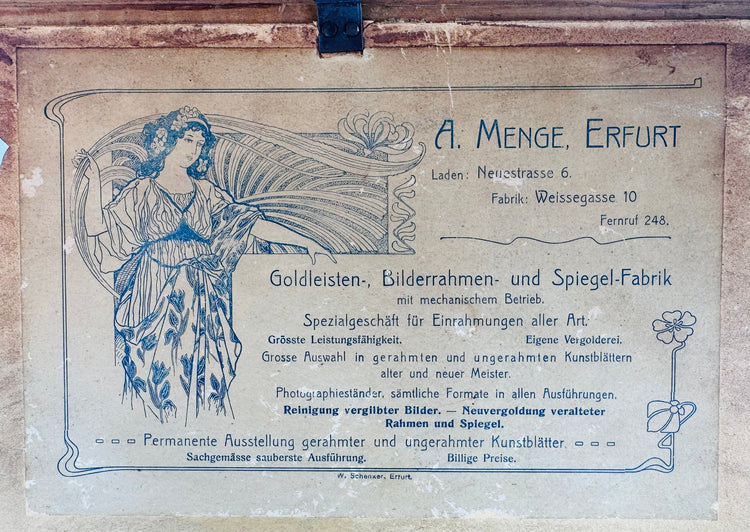 Original A. Menge of Erfurt German trade label for the antique Sistine Madonna frame, advertising gold mouldings, picture frames, mirrors and gilding services.
