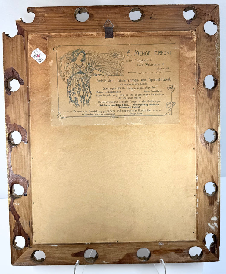 Reverse of antique Sistine Madonna reproduction showing original backing, hanging hardware and A. Menge of Erfurt trade label