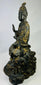 Right-side profile of Thai bronze Guanyin with child attendant, highlighting detailed casting and remaining gilt traces.