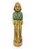 Frontal view of circa 18th-19th century European wooden figurine with hood and green tunic