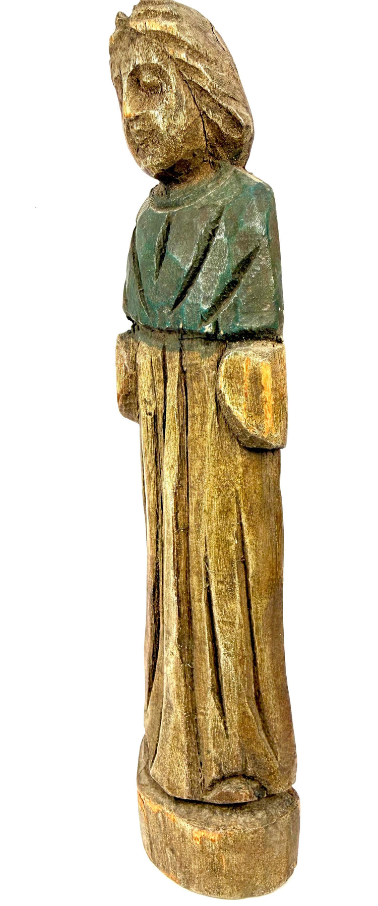 Three-quarter view of standing 18th-century wooden devotional figure with clasped hands