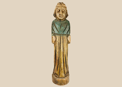 Antique European folk art figurine, 18th–19th century, hand-carved wood with painted surface, depicting a robed figure.
