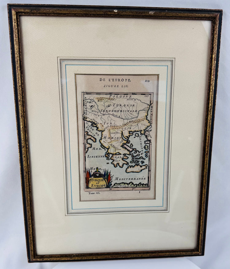 Seventeenth-century French map of the Ottoman Empire in Europe with original hand coloring and period cartography.