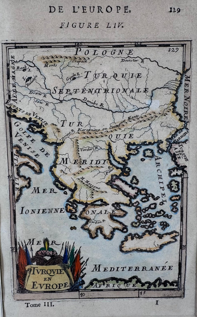 Antique hand-colored copperplate engraving titled Turquie en Europe from Description de l'Univers.