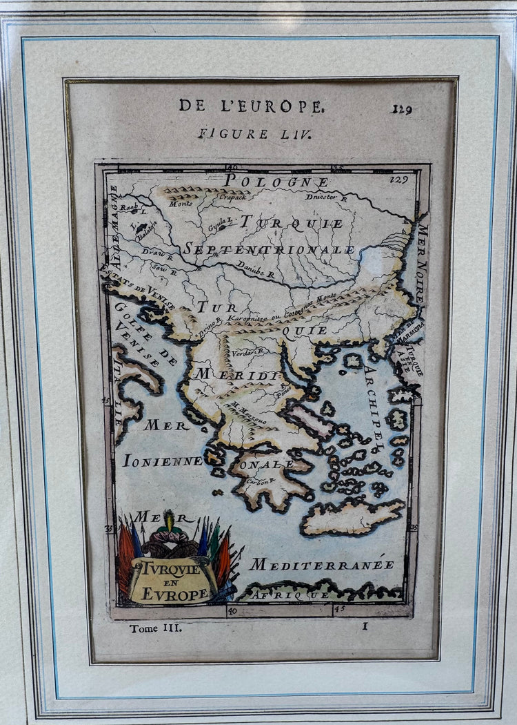 Historic 1686 copperplate engraved map illustrating the European territories of the Ottoman Empire.