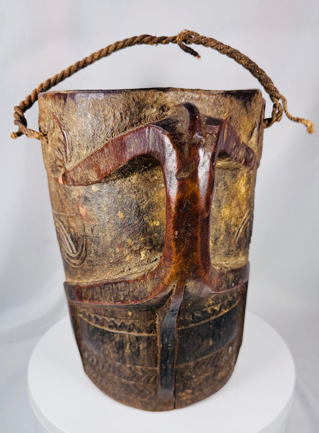 Antique pastoral wooden container from the Himalayan region with rich aged patina
