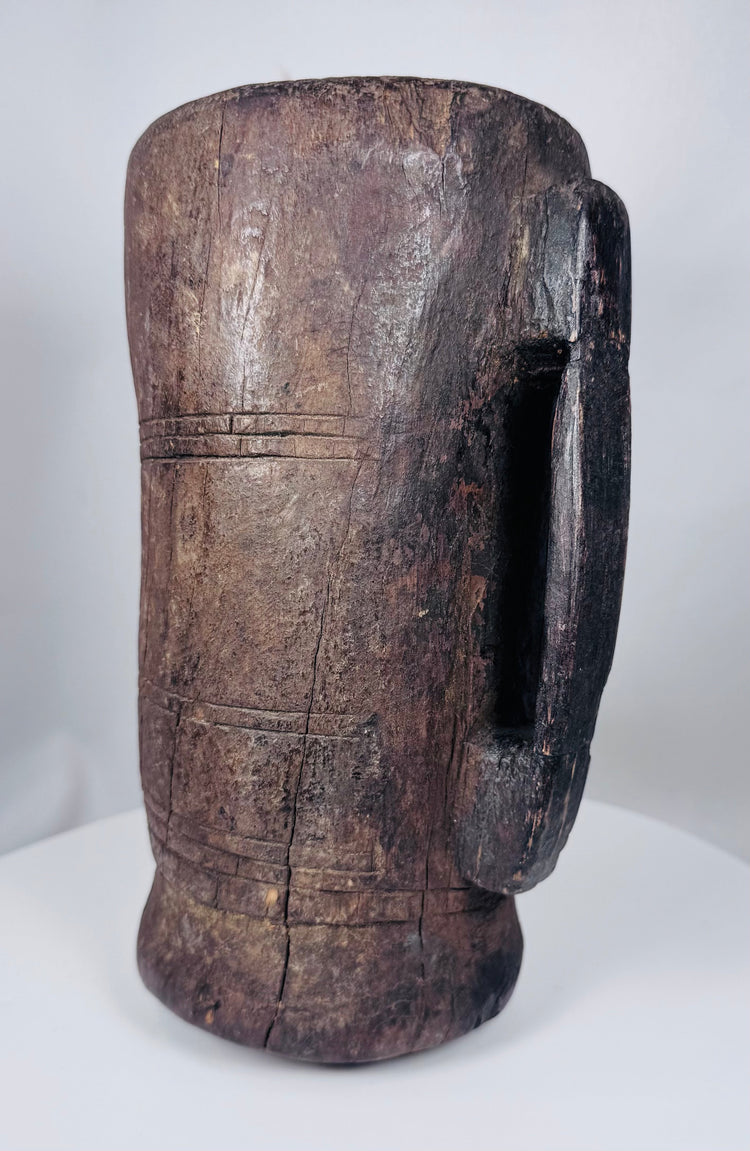 Himalayan ethnographic wooden storage vessel with incised linear decoration and dark patina
