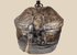 Antique Himalayan woven storage container with leather covering and forged iron hardware