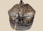 Antique Himalayan woven storage container with leather covering and forged iron hardware